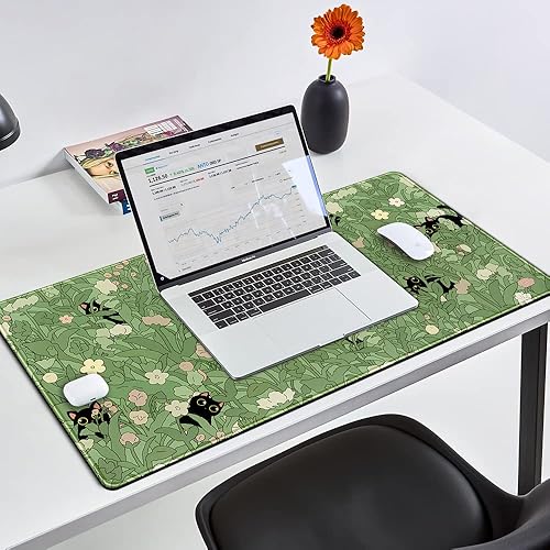 Miniatura 3 de Tapete de escritorio verde XL con diseño de gato lindo y fresco para teclado, tapete de mouse Kawaii negro con flores de gato negro, tapete de