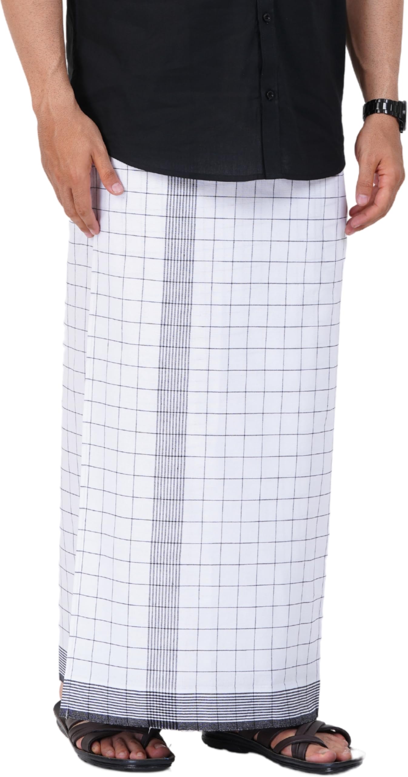 Prakasam Cotton Mens Cotton Kerala Thalapathi Border Welcro Pocket Checkered Dhoti (S-Size Dhoti) / White Colour Thalapathi Adjustable Pocket Dhoties For Mens (Small-White Checks)