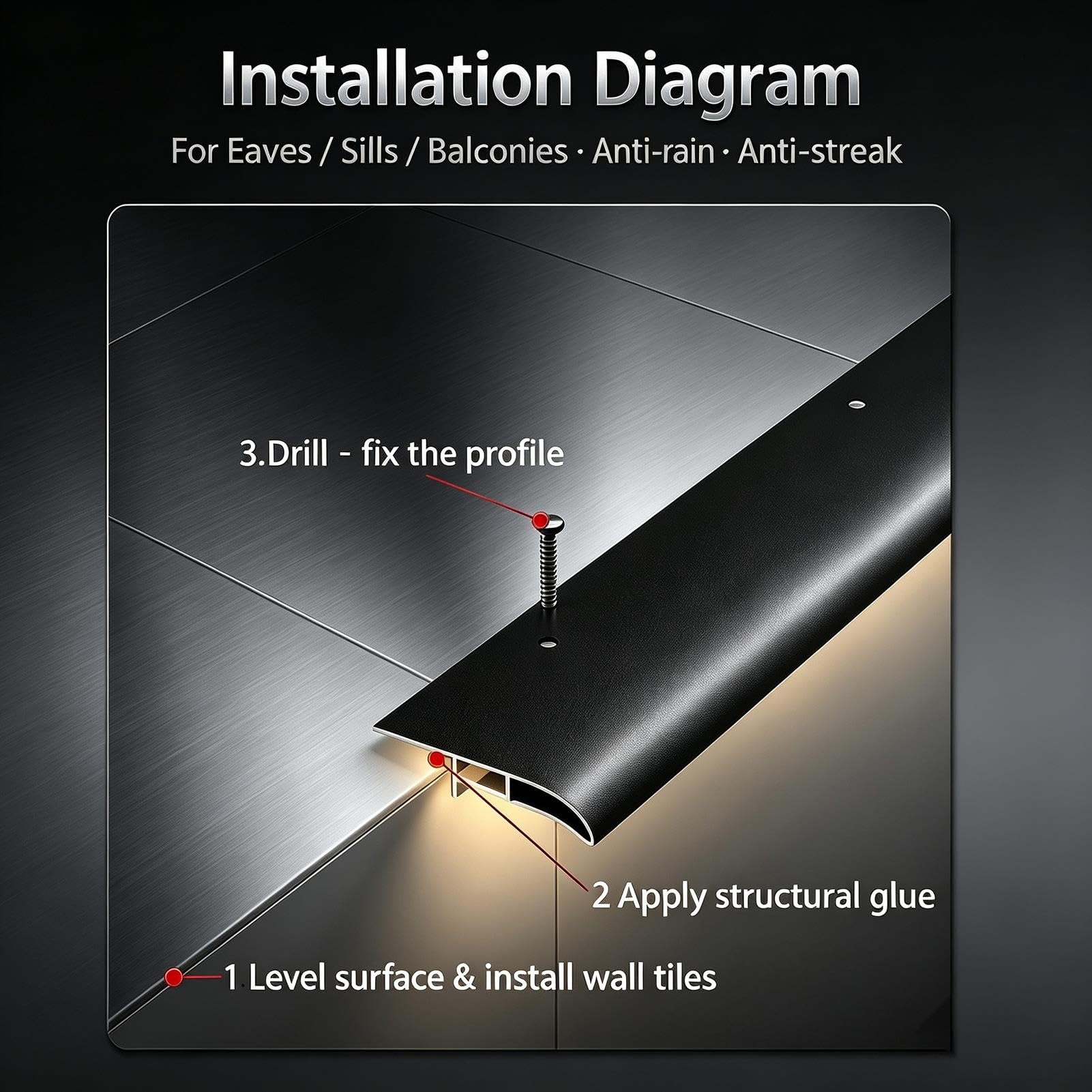 Zakrzywiony aluminiowy rozdzielacz wody z diodami LED, 25 mm i 50 mm