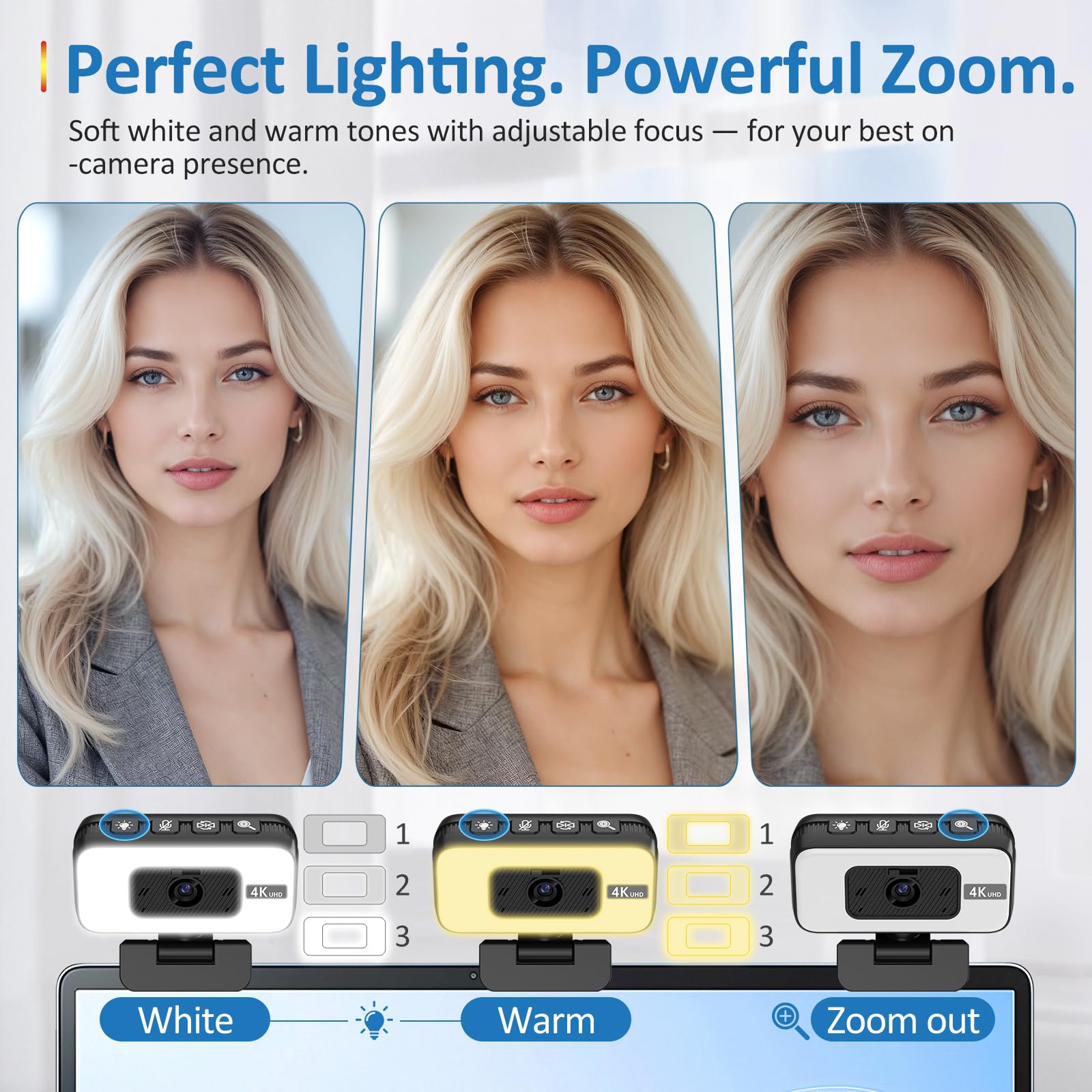 Cámara web 4K con luz y zoom, cámara USB para ordenador con micrófono, cobertura de privacidad y luz antiinterferencias, cámara web 4K UHD de enfoque automático para monitor de ordenador