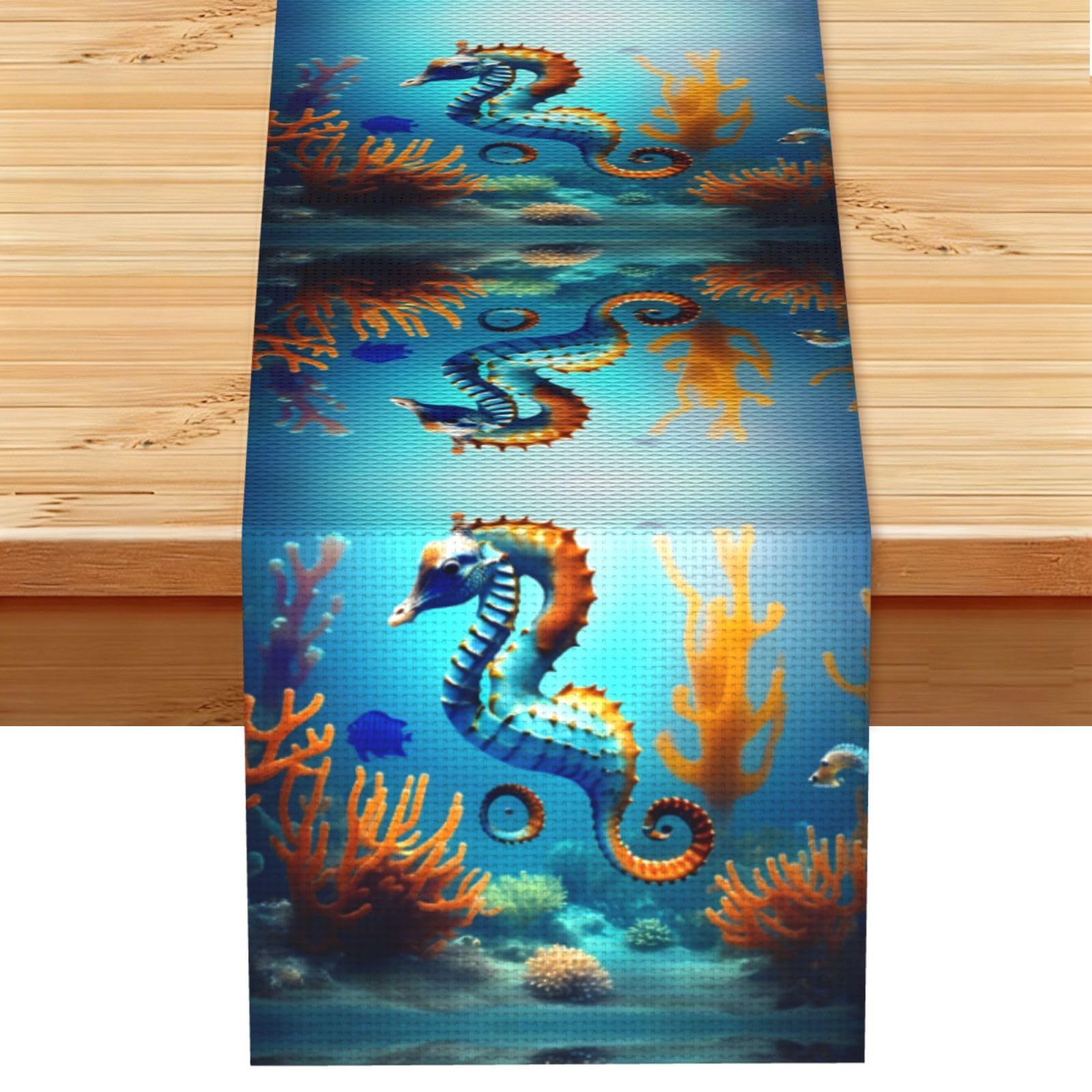 Seabed coral seahorse Linen Look Table Runner 13x72-Wrinkle Resistant Farmhouse Style for Dining Table Decor