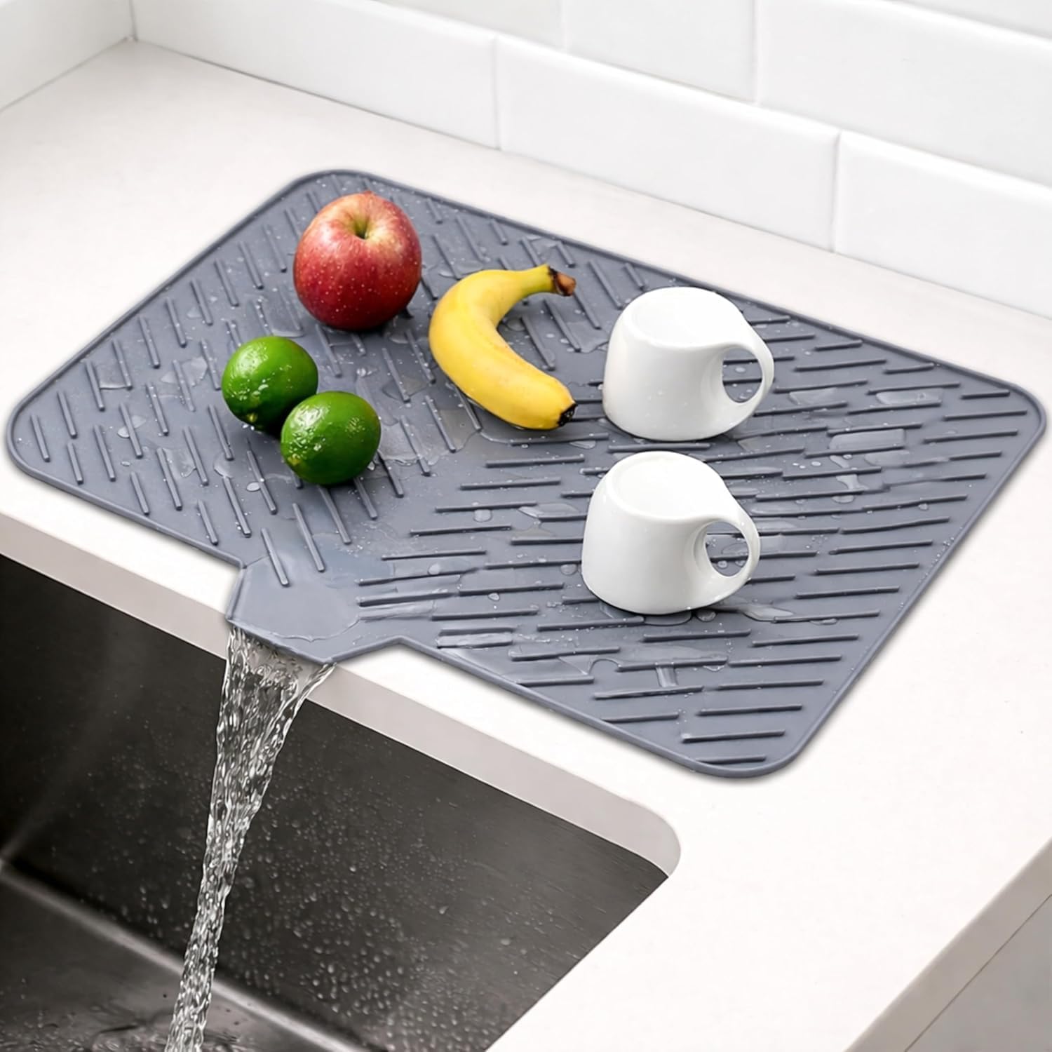 Extra Large Silicone Dish Drying Mat for Kitchen Countertop (58 × 43 cm) | Built-in Drain Lip Water Draining Utensil Mat | Heat-Resistant, Anti-Slip Sink & Counter Protection Mat (Gray)-image-25