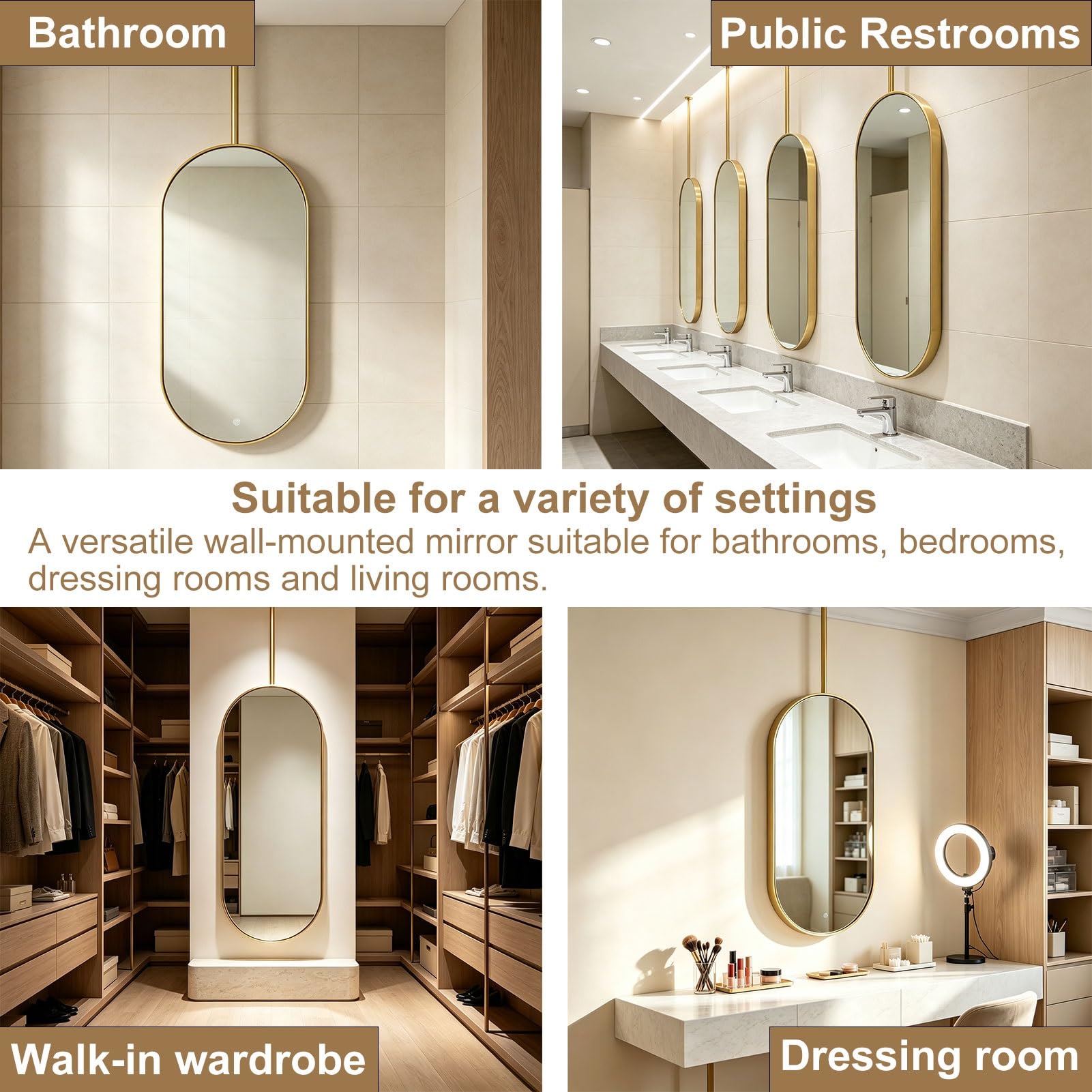 Miroirs de rasage vanité de salle de bains avec tige suspendue au plafond | Miroir monté au plafond avec cadre et flèche en acier inoxydable brossé(Gold,40cmx80cm)