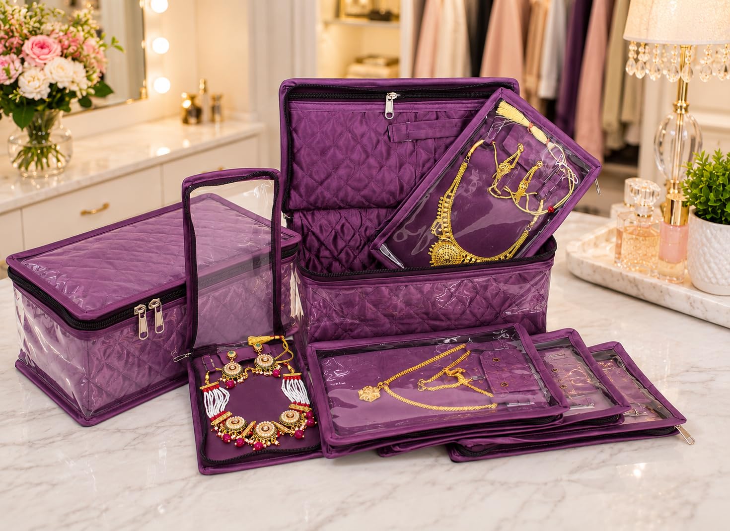 atorakushon Pochettes de maquillage en satin, Sacoche pour femme - Pour colliers, boucles d'oreilles - Violet