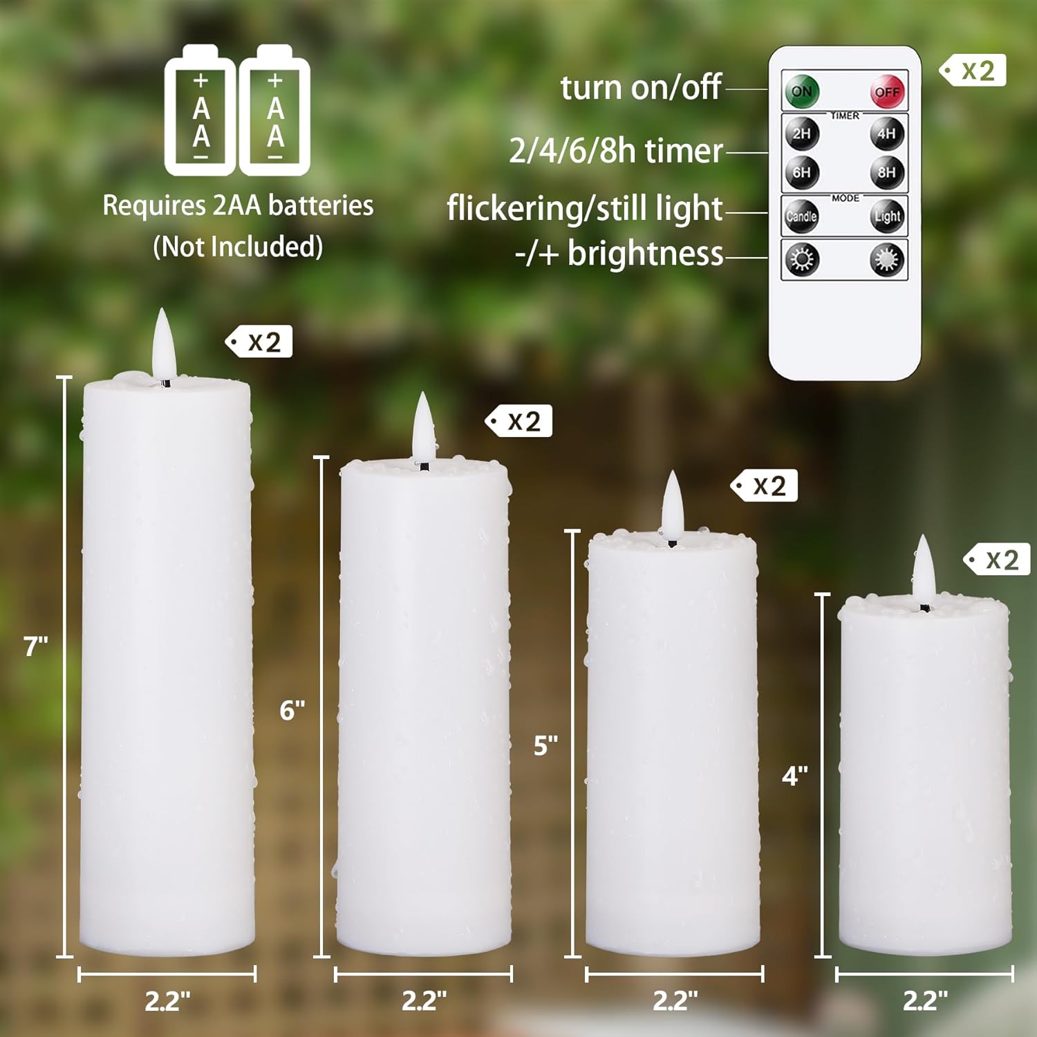 Flameless Waterproof 2.2" x4" 4" 5" 5" 6" 6" 7" 7" Pillar Candles with Remote Control and Timer, LED Battery Operated Plastic White Pack of 8 Outdoor Flickering Warm Light