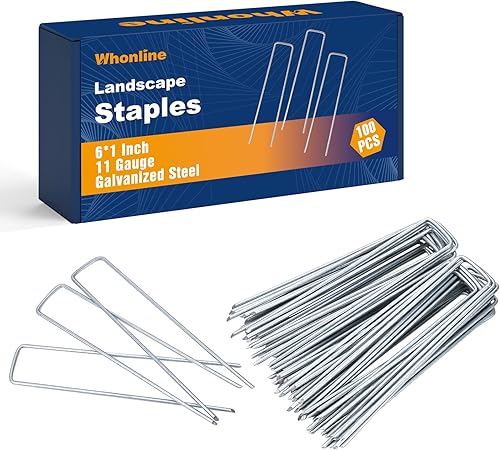 Miniatura 1 de Whonline 100 grapas de paisaje de 6 pulgadas, calibre 11, estacas de jardín galvanizadas resistentes, estacas de riego por goteo para asegurar tubos