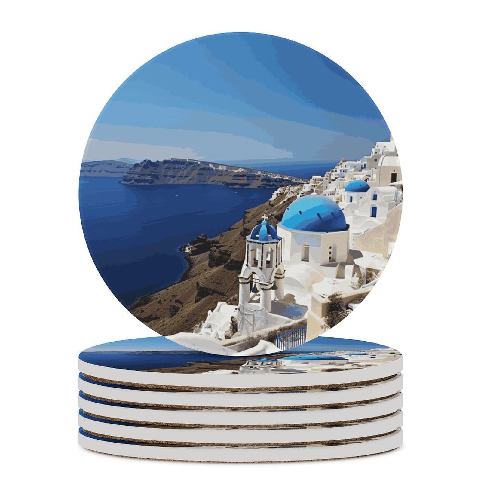 Khauerbc Style Santorini Greek Island Sea View Drink Coasters With Holder For Coffee Table,Ceramic Coaster With Cork Base,Ceramic Stone Coaster For Iced Cold Or Hot Drinks,4.1 Inches