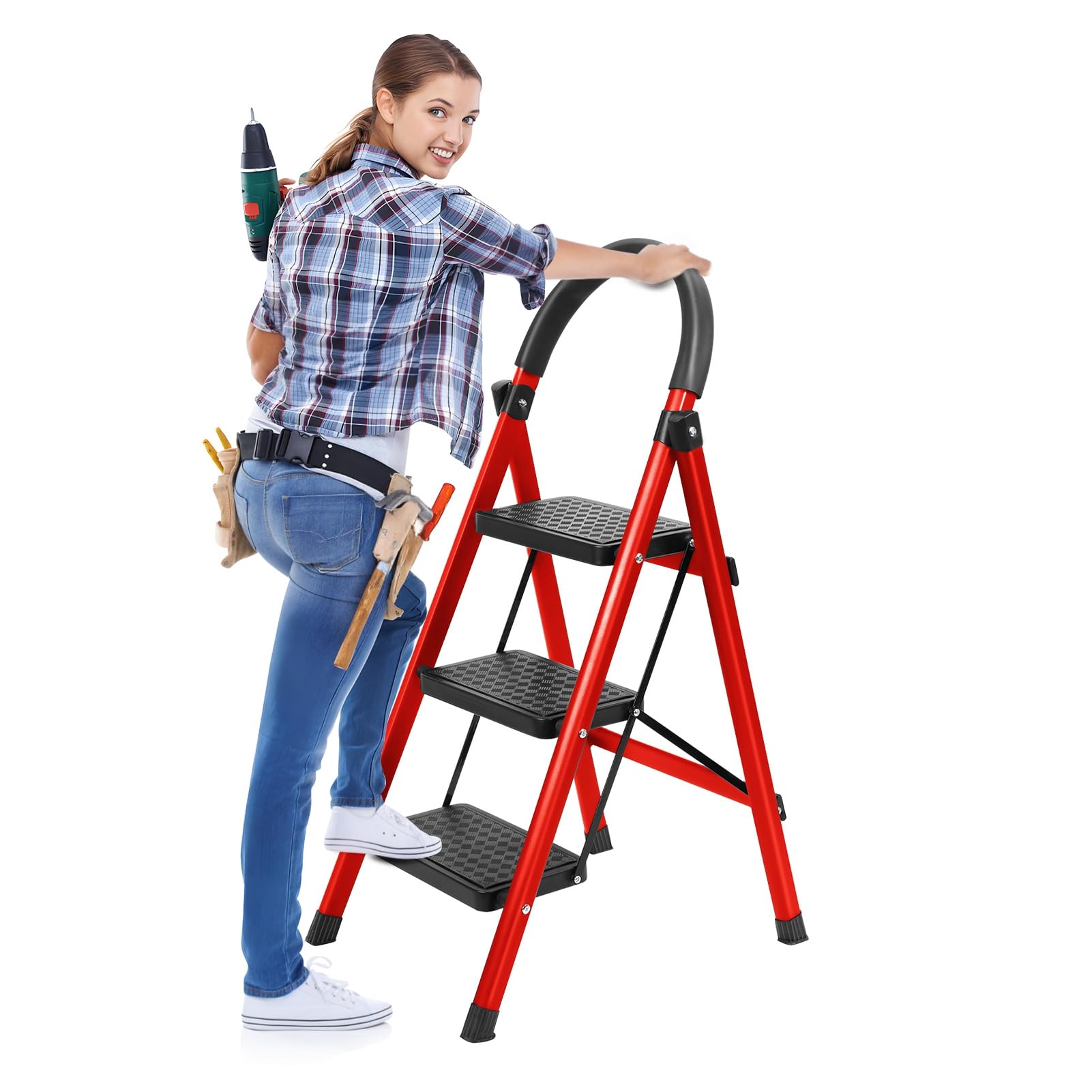 Joukares Red 3 Step Ladder, Folding Step Stool With Anti-Slip Wide Pedals, Multi-Purpose Collapsible Ladder For Home And Rv, Heavy Duty Step Ladder For Indoor And Outdoor Use, Supports Up To 330 Lbs