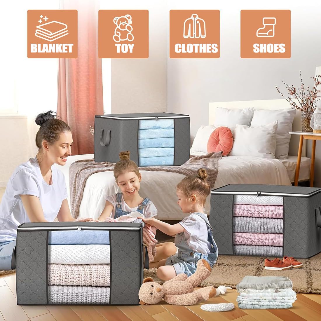 Clothes Storage Bags, 6 Pack 90L Large Capacity Storage Boxes With Lid, Zips & Reinforced Handle for Moving House - Image 3