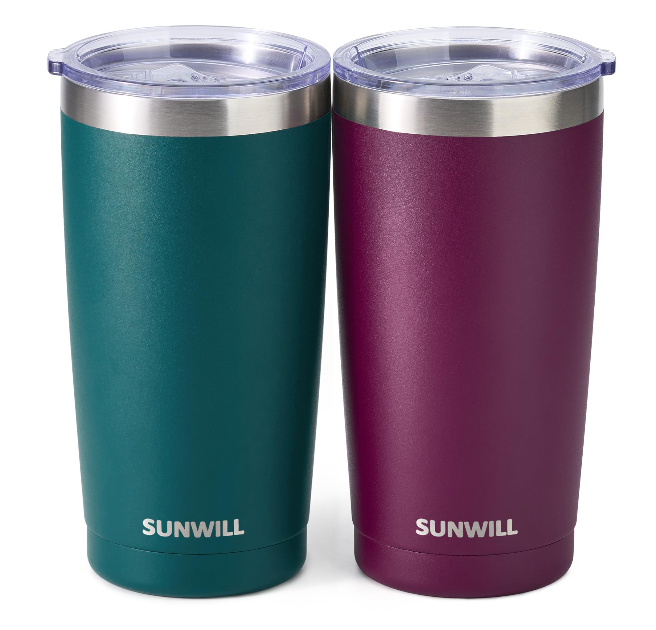 SUNWILL Travel Coffee Mug with Lid, 20 oz Tumbler Set of 2, Insulated Stainless Steel Cup for Drinks, Water, Tea, Powder Coated Forest Green & Plum