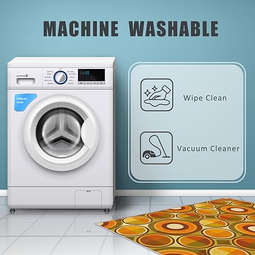 Miniatura 7 de Alfombra retro de los años 70 lavable de 5 x 8 pulgadas, diseño geométrico redondo, ultra fina y suave, para dormitorio, sala de estar, decoración