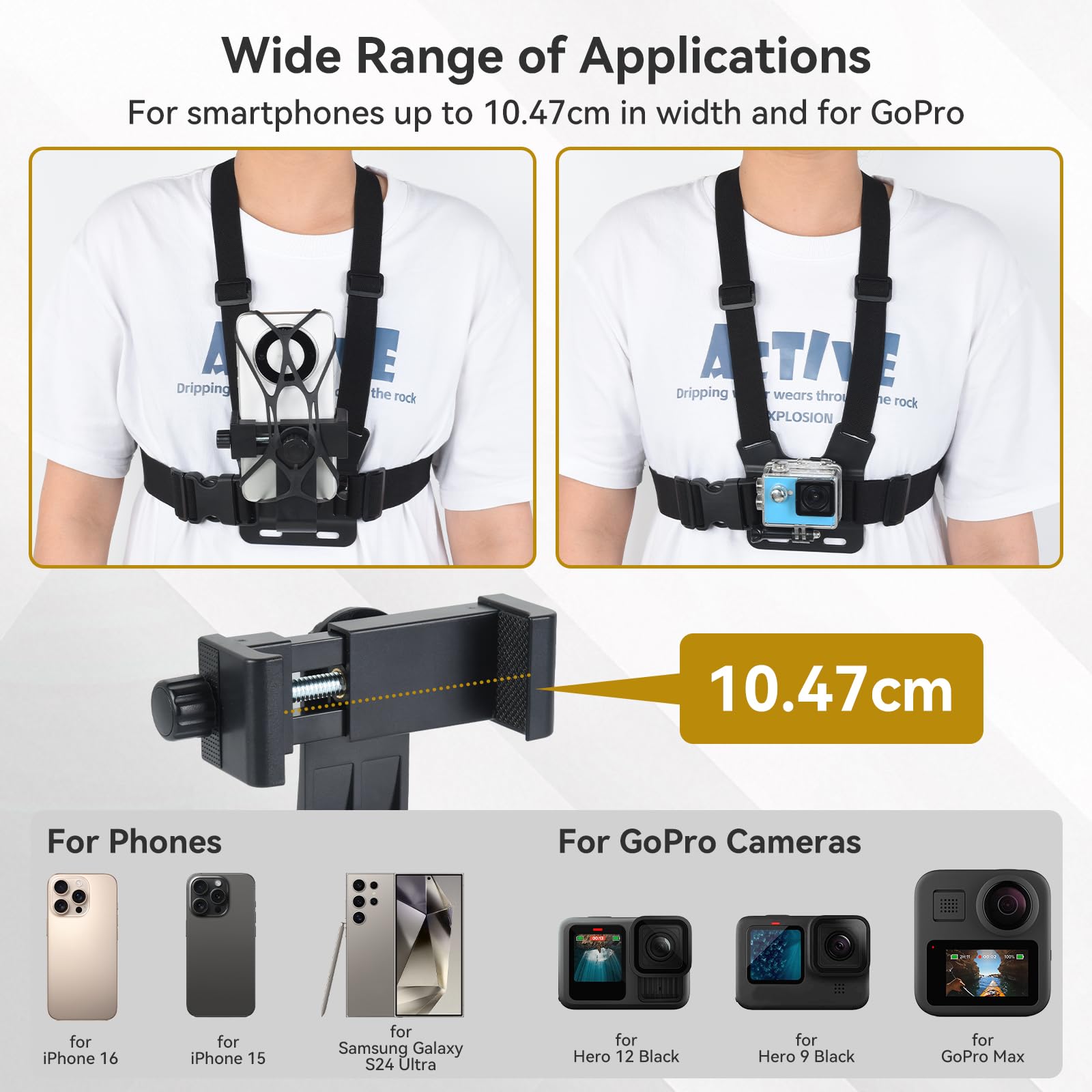 UTEBIT Support de Sangle de Poitrine pour Téléphone Harnais de Fixation Torse Réglable pour Caméras d'action Sangle de Montage Téléphone Compatible avec Gopro pour iPhone pour Samsung