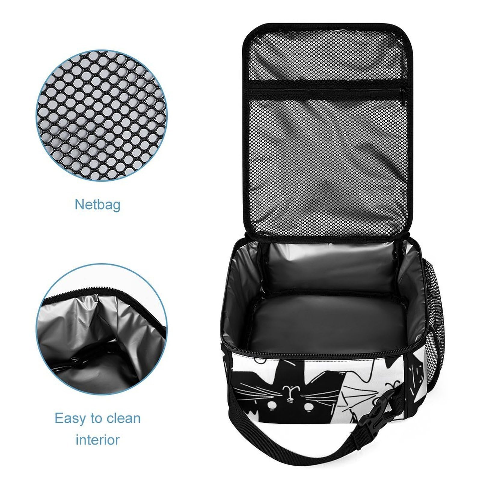 Conjunto de mochila con lonchera, neceseres, bolso de hombro y bolso cosmético con diseño de gato de dibujos animados en blanco y negro.