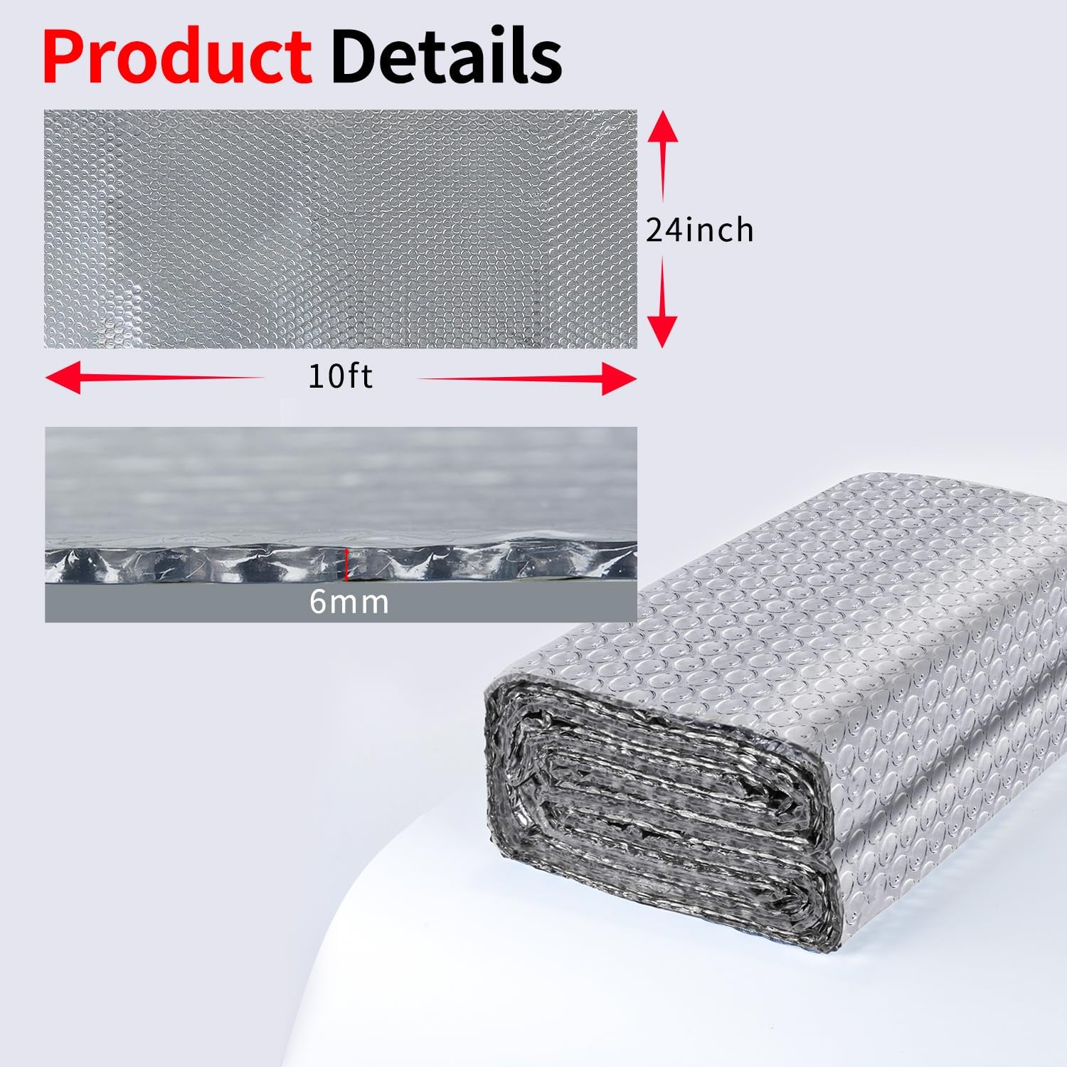 Reflective Insulation Wrap - Double-Sided 6mm Bubble Core Heat Barrier for RV/Windows/Roof, All-Season Energy Saving 24in x 10ft，1 Roll (Easy DIY Install)