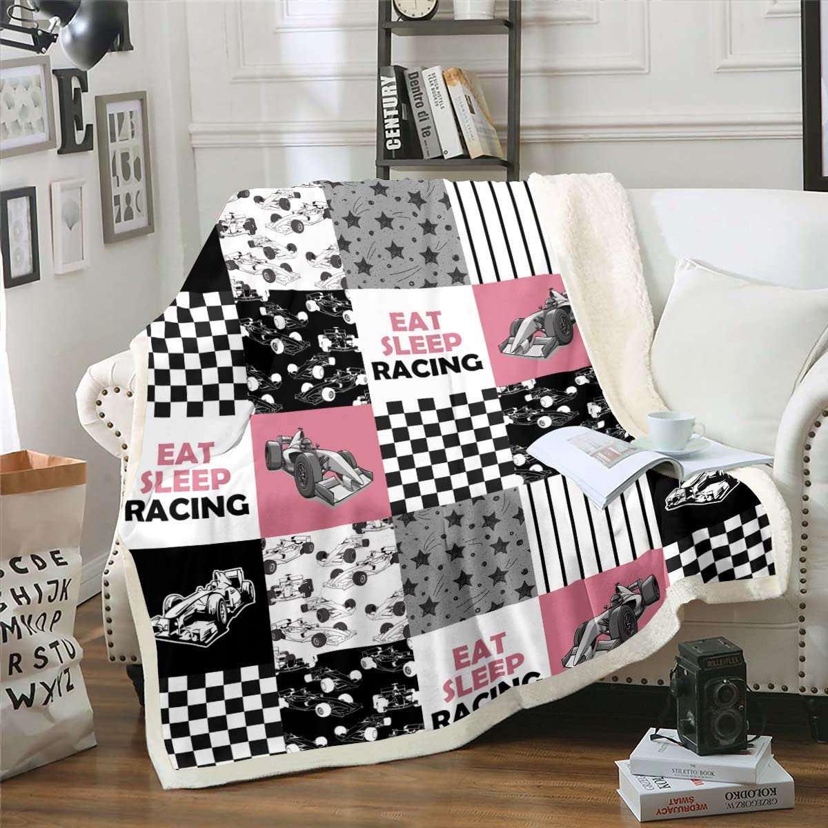 Pink Race Car Throw - Cool Speed Fleece Blanket - Extreme Car Sports Fuzzy Twin Size for Girls Youth, Race Checkered Patchwork Theme Sherpa Blanket