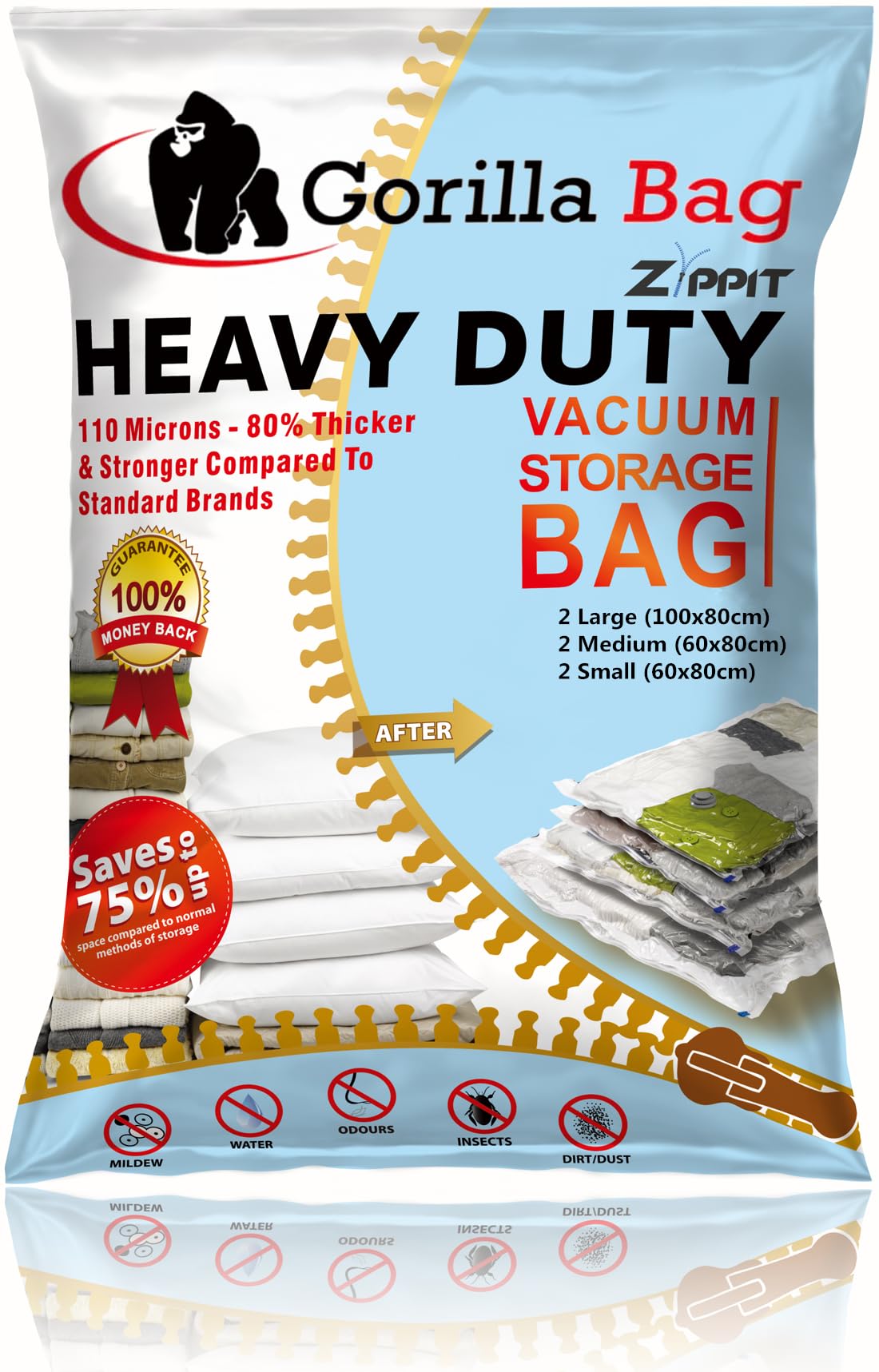 HEAVY DUTY 6 VACUUM STORAGE BAGS by Gorilla Bags. 2 Large (100x80cm), 2 Medium (60x80cm)