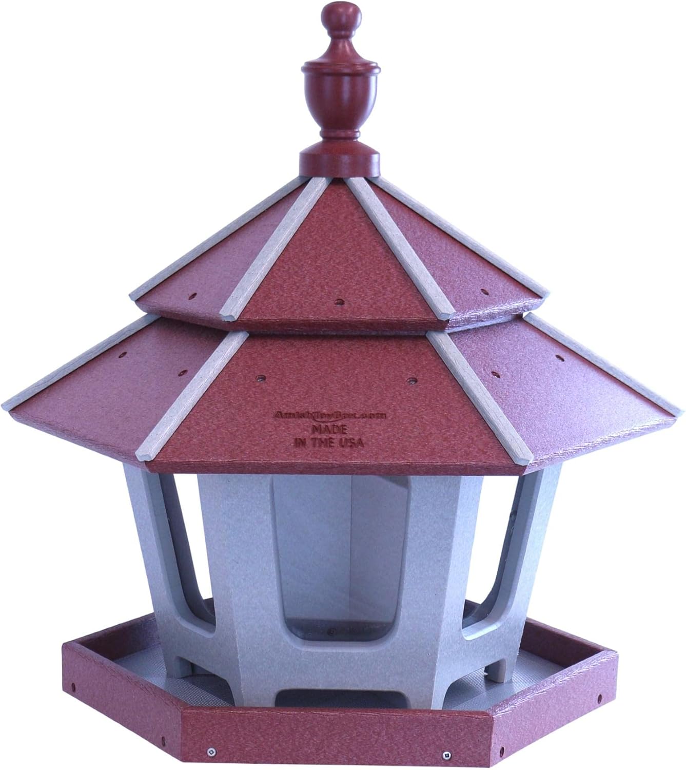 AmishToyBox.com Gazebo Bird Feeder - Deluxe Triple Compartment Post-Mount Large Bird Feeder - Made in The USA with Poly Lumber (Cherry Wood and Light Gray)