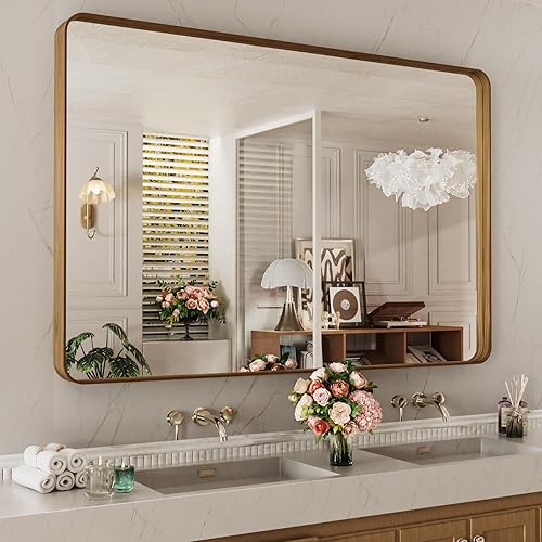 Miniatura 78 de LOAAO - Espejo de tocador para baño con marco de metal negro mate de 24 x 32 pulgadas para pared, rústico, rectangular, grande, redondeado