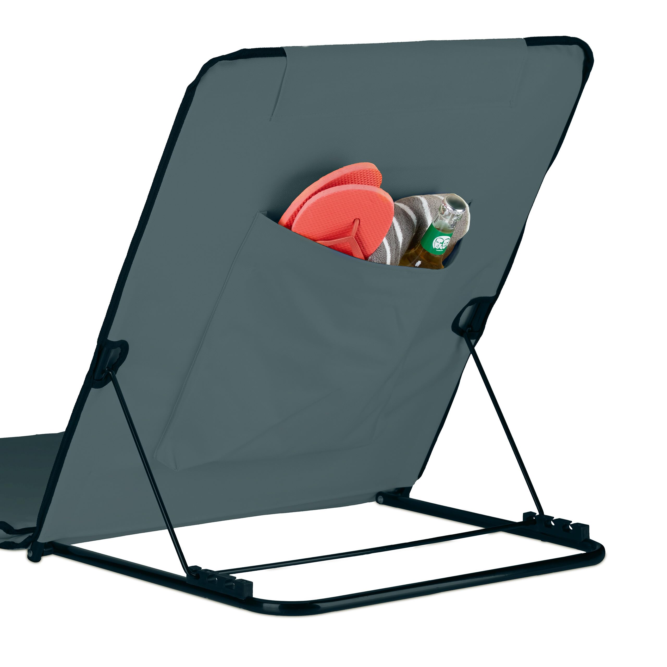 Relaxdays Strandmatte, gepolsterte Strandliege XXL m. Sonnenschirm, 3-stufig verstellbar, Kopfkissen, tragbar, anthrazit