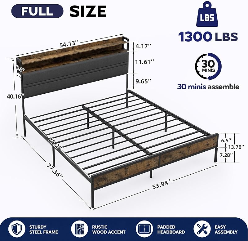 GRUSIGN Full Size Bed Frame with LED Light Storage Headboard and Charging Station,Platform Bed with Grey Upholstered Headboard，No Box Spring Needed, Noise Free, Easy Assembly image 2