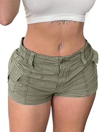 Women Summer Cargo Shorts Casual Low Rise Elastic Hot Pants Y2k Bodycon Denim Shorts with Pockets Streetwear