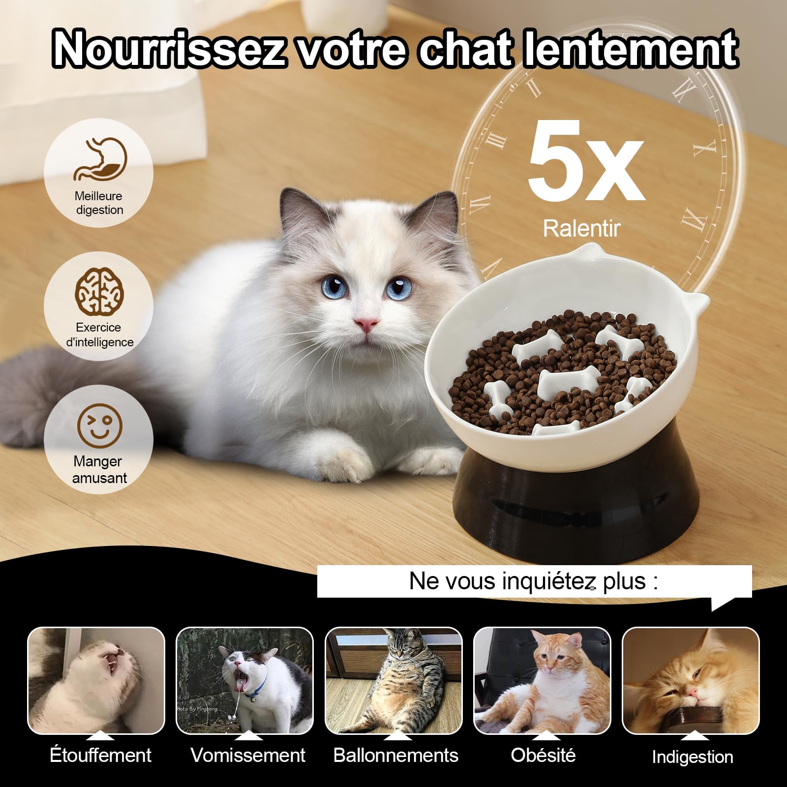 Gamelle Anti-glouton surélevée pour Chat en céramique - Bol Labyrinthe incliné pour Alimentation Lente et Anti-vomissement - Noir et Blanc
