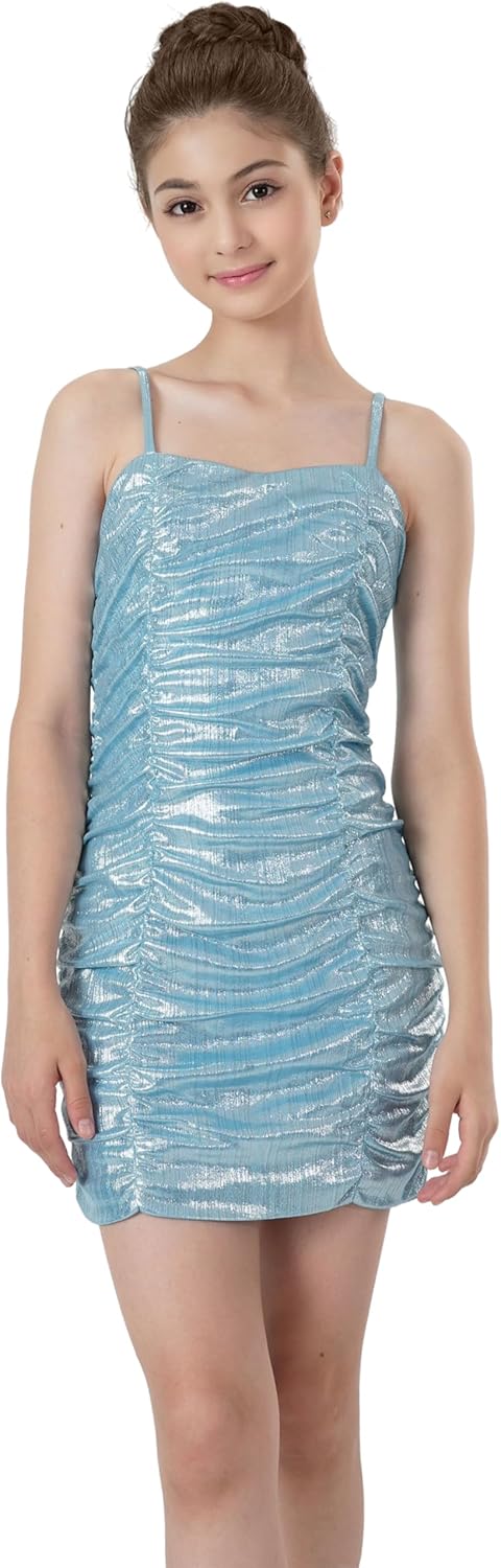 2Bunnies Girls Tween Teen Bodycon Ruched Spaghetti Strap Metallic Shimmer Sequin Party Dance Mini Dress