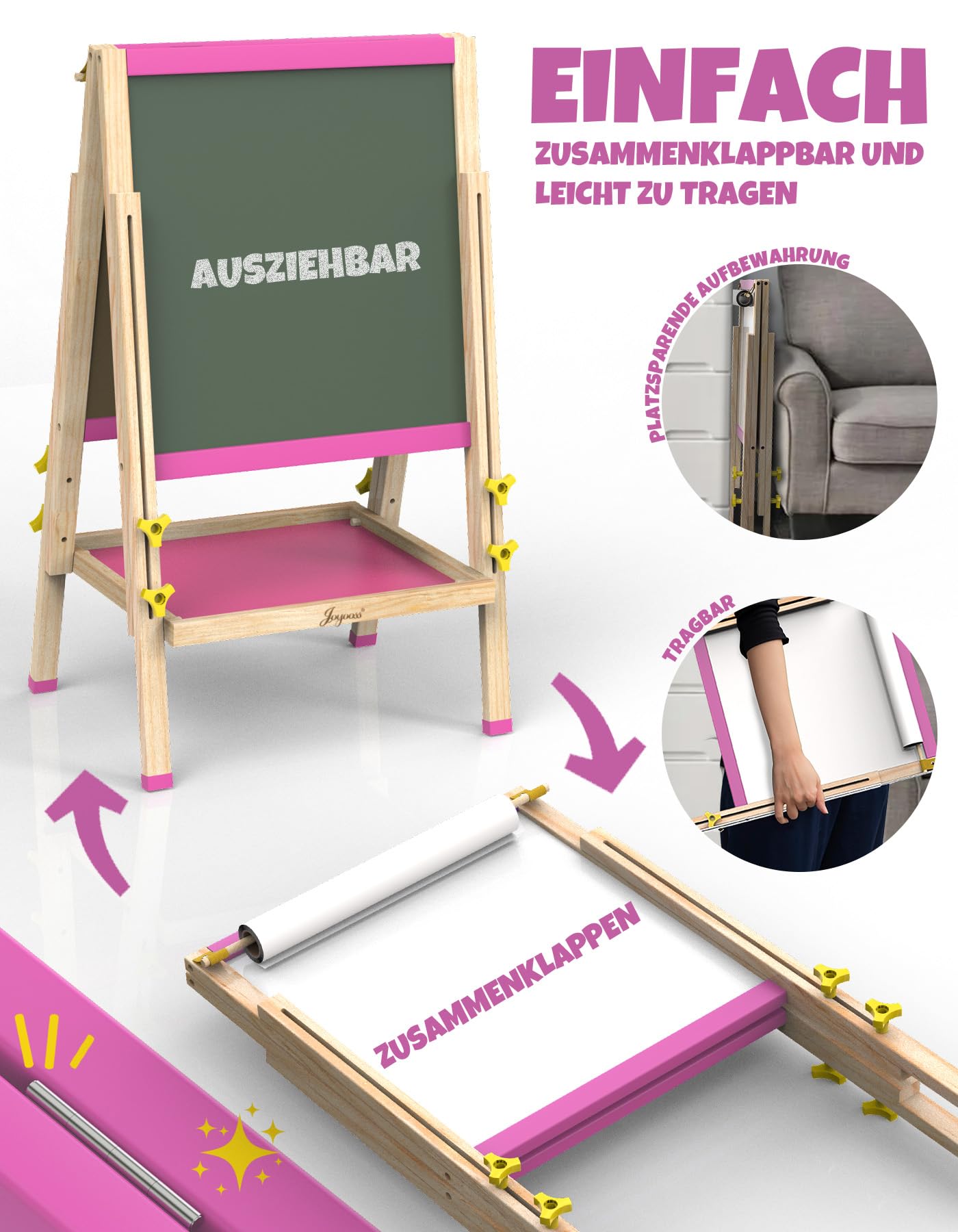 Joyooss Kunststaffelei für Kinder, verstellbares stehendes Holz-Zeichenbrett für Kleinkinder, doppelseitig, trocken abwischbar, mit Malzubehör, Geschenk und Kunstbedarf für Kleinkinder 4-8 (PINK)