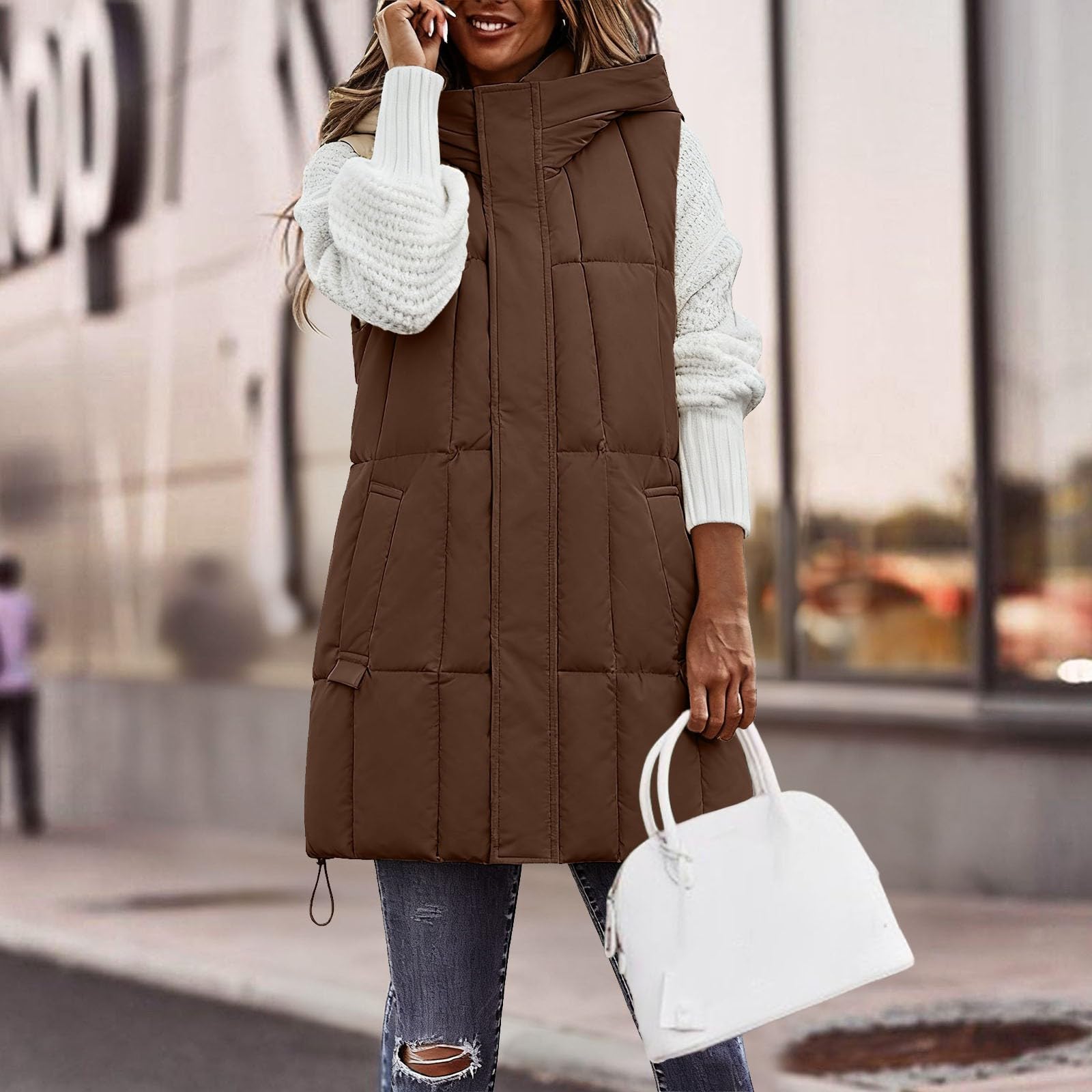 Genérico Chaleco Mujer Largo Invierno acolchado sin mangas chaqueta con cremallera de gran tamaño acolchada talla grande Plumas versátil al Aire Libre