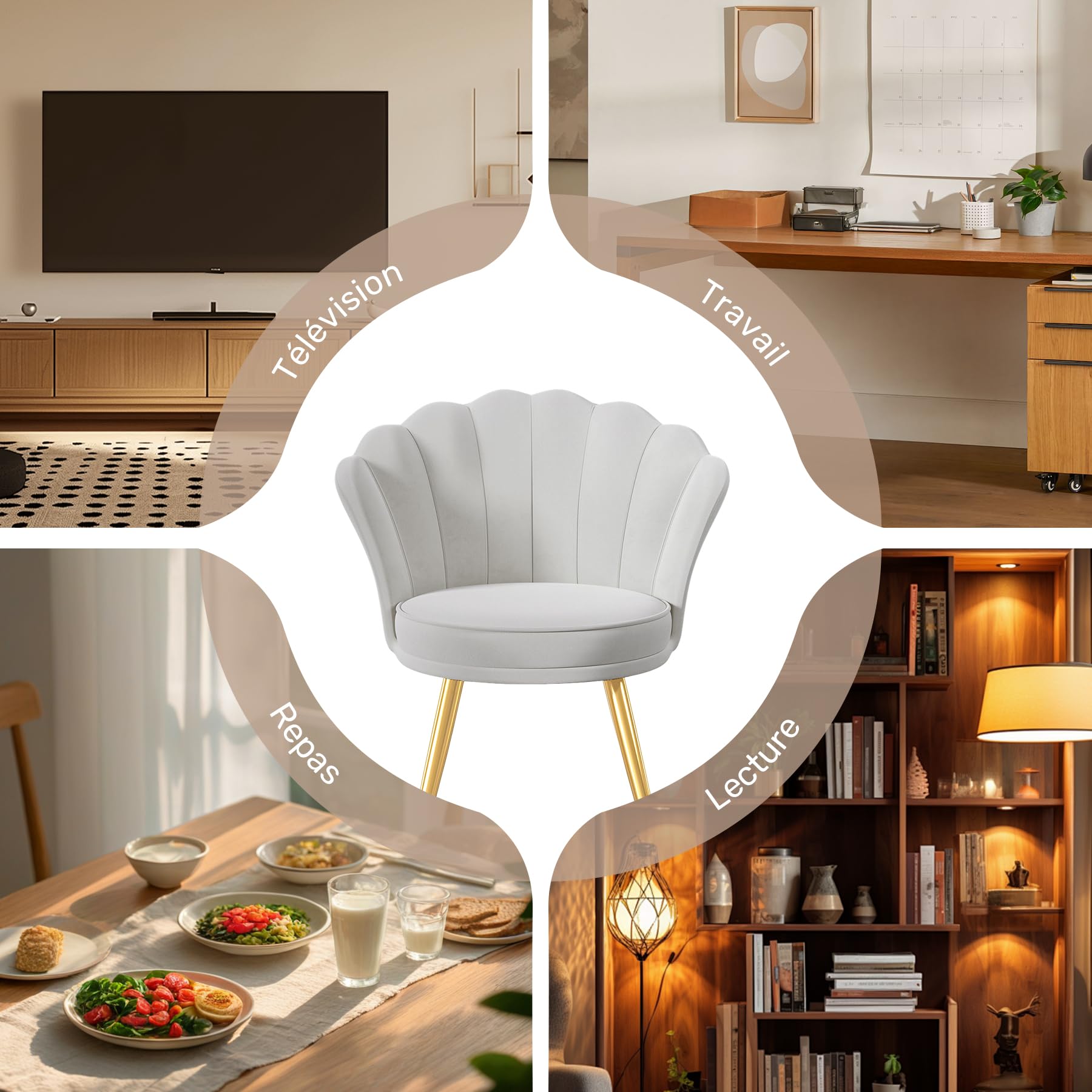 Modern Samt Esszimmerstuhl, Gepolsterter Schminktischstuhl mit Blütenblattförmiger Rückenlehne und Goldenen Beinen, eignet für Wohnzimmer, Schlafzimmer und Esszimmer, Grau