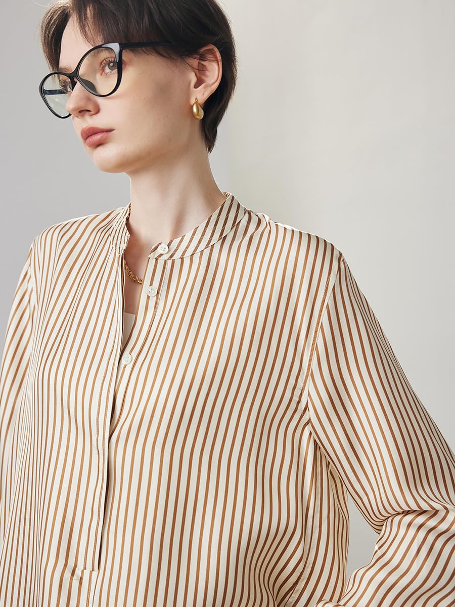 Donna Blusa da Ufficio in Seta con Collo Alto e Stampa
