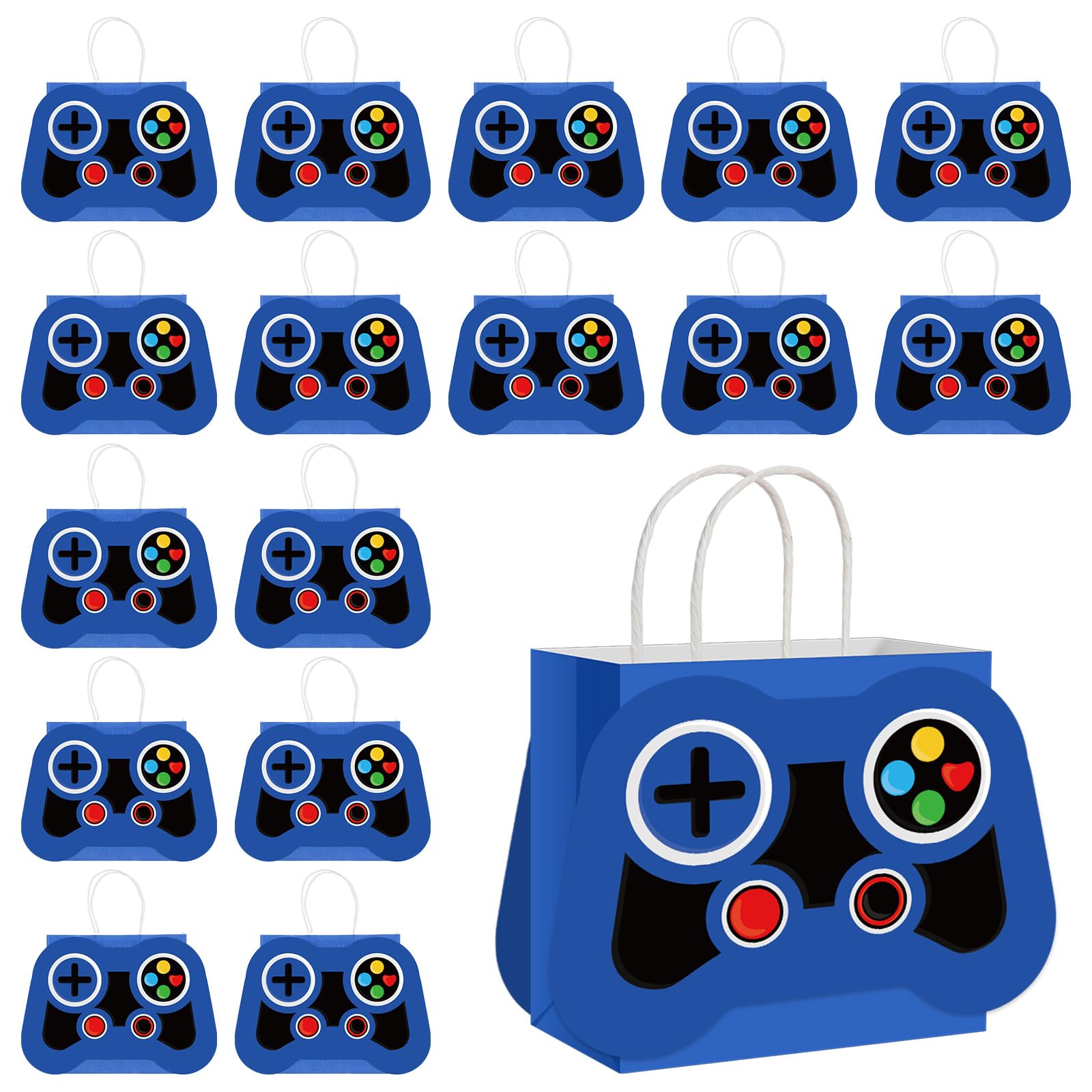 Epakh 16 Pcs Video Game Party Favor Bags Game Controllers Paper Reusable Gamer Goodie Treat Gift Bags with Handles for Baby Shower Video Gaming Theme Party Christmas Birthday Supplies(Blue)