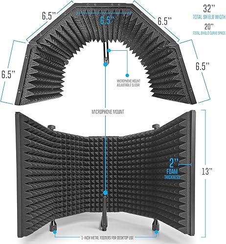 Miniatura 2 de AxcessAbles - Escudo de aislamiento de micrófono de estudio de grabación grande de 32 x 13 pulgadas con soporte de trípode de 3 niveles y filtro pop