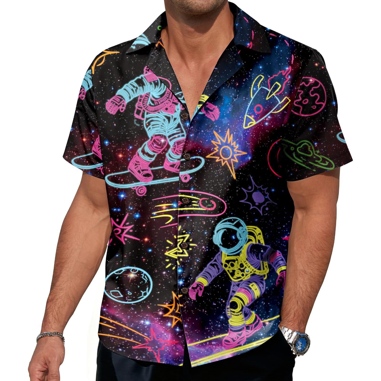 Neon Shirts for Men - Vibrant Print Short Sleeve Button Down Rave Outfit for Party Festivals Vacations