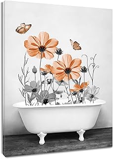 HVEST Farmhouse Orange Floral Wall Art for Living Room Vintage Wildflower and Butterfly in Bathtub on Wood Canvas Wall Art Nature Flower Pictures Wall Decor for Bedroom Office Decor,10L X 8W inches