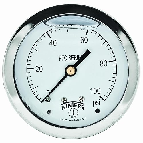 Winters 2-12 "Tamaño del dial, manómetro industrial lleno de líquido, internos de latón, caja de acero inoxidable 304, escala única 0-100 psi, 1.5%