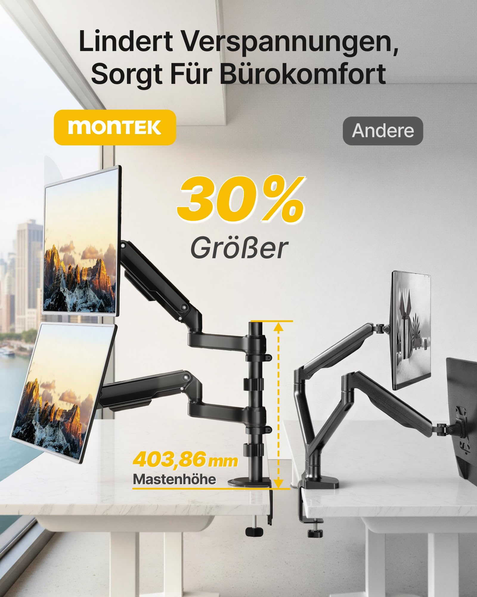 monTEK Doppel Monitor Halterung 17–32 Zoll, bis 9 kg pro Arm | VESA 75x75/100x100 mm,vertikale & parallele Bildschirmhalterung, schwenk- & rotationsfähig Monitor Halterung 2 Monitore