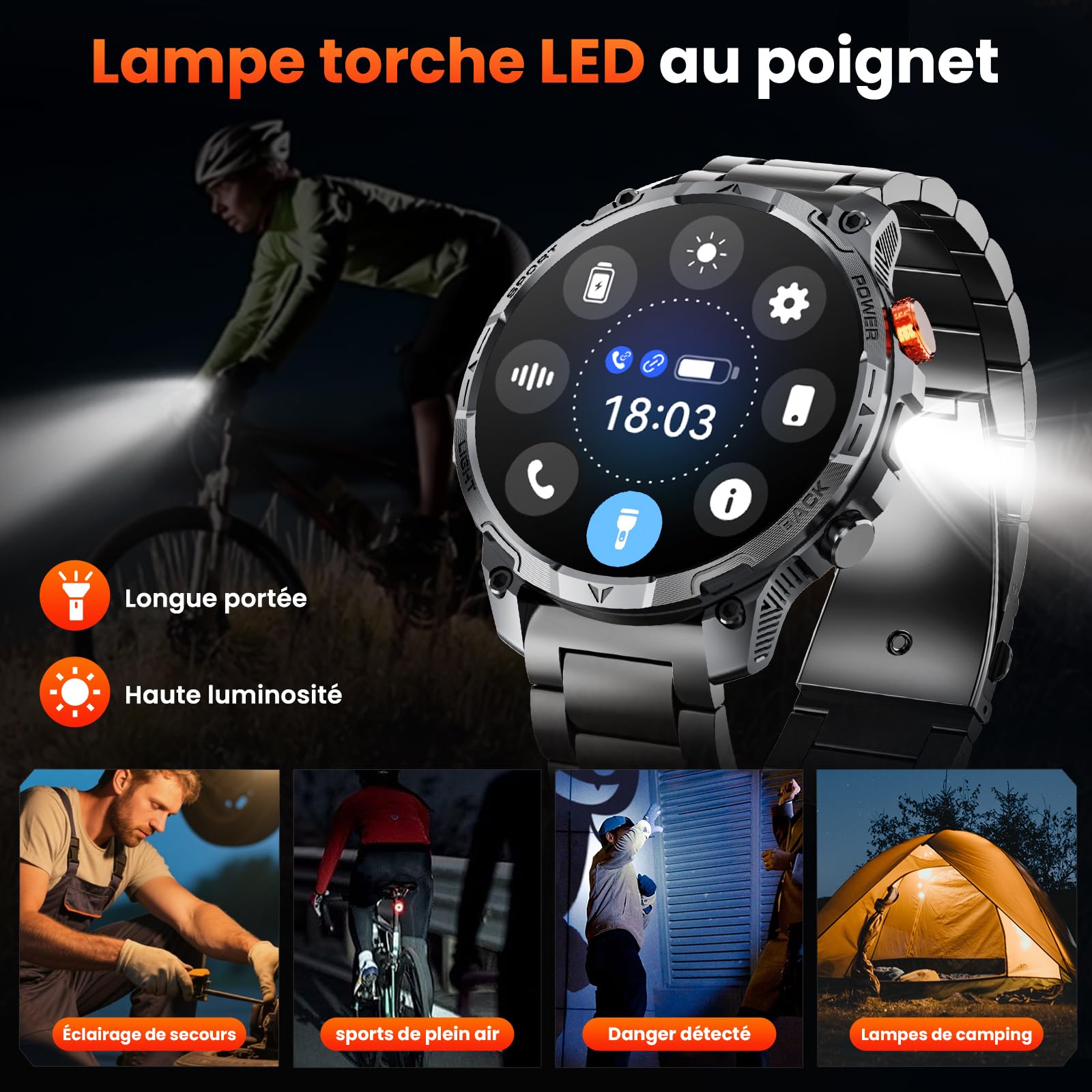 Smartwatch Uomo Militare, Batteria da 1000 mAh, Due Cinturini, Schermo HD da 1,75", Torcia LED, 100＋ Modalità Sportive, Monitoraggio della Salute, Chiamate Bluetooth per iOS Android (Nero)