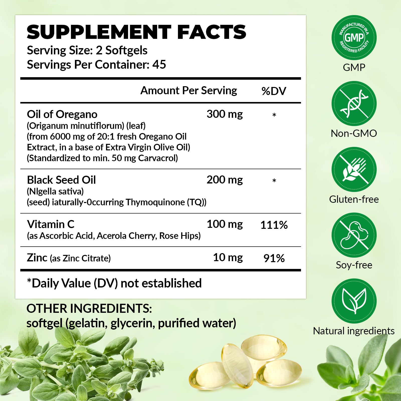 Oregano Oil with Black Seed Oil, Vitamin C and Zinc, 90 Softgels — Amazon image 2