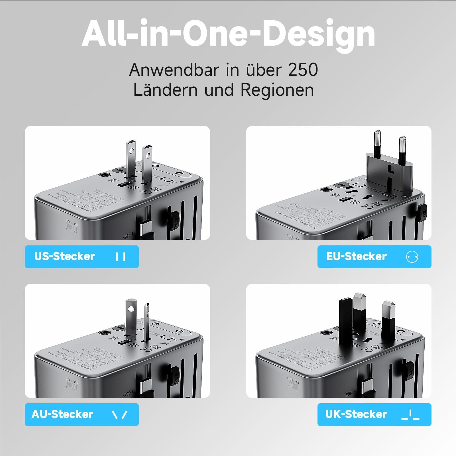 Minthouz Reiseadapter Weltweit,GaN Ⅲ PD 100W Universal Reisestecker mit 2 USB C und 1 USB A,Internationaler Steckdosenadapter mit ausziehbar Kabel,Universaladapter für UK USA Japan China (P100W-C)