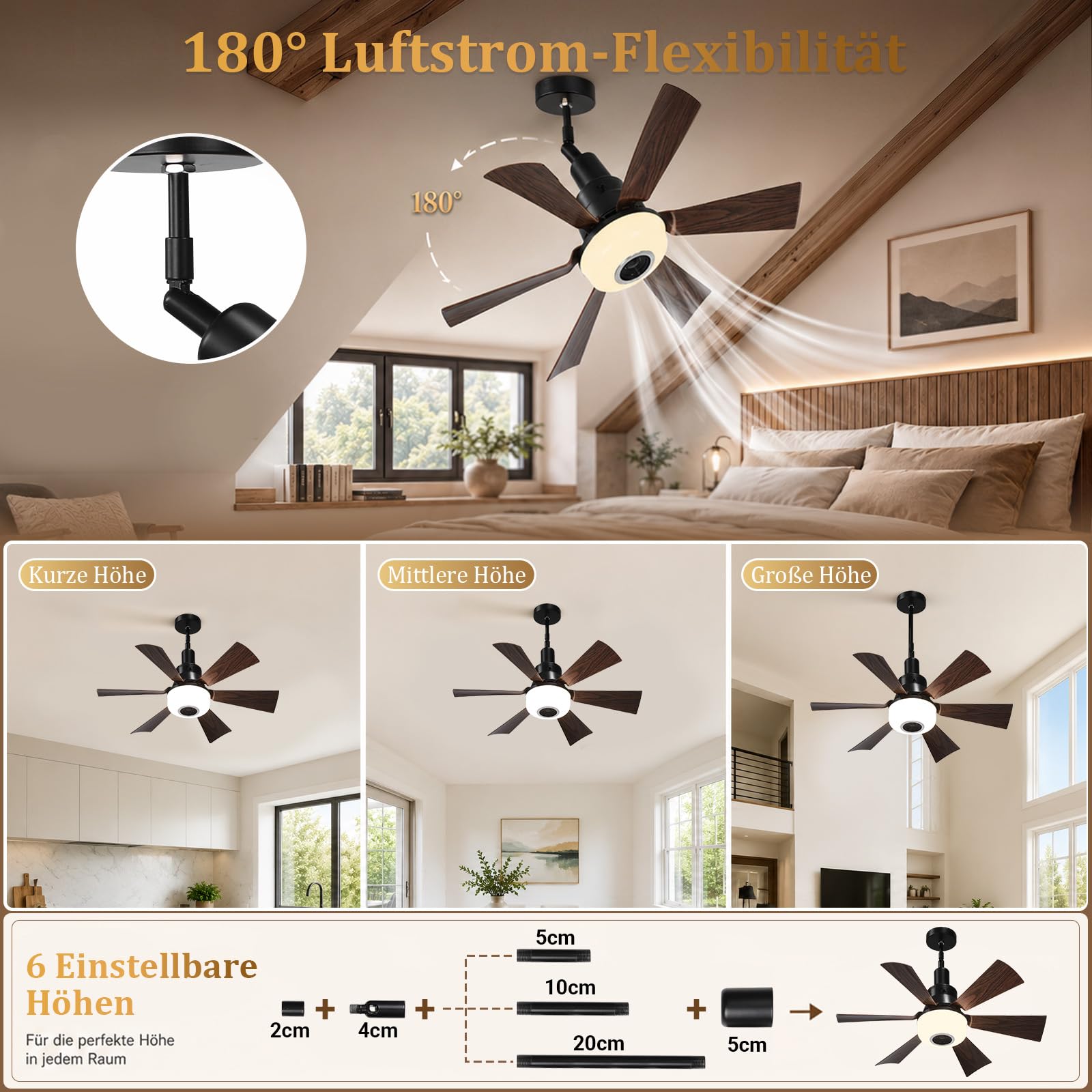 Deckenventilator mit Beleuchtung und Bluetooth Lautsprecher, Ø52cm E27 Klein Sockel Ventilator Lampe mit Fernbedienung RGB Dimmbar Höhen Verstellbar Schwenkbar für Schlafzimmer Kinderzimmer Küche
