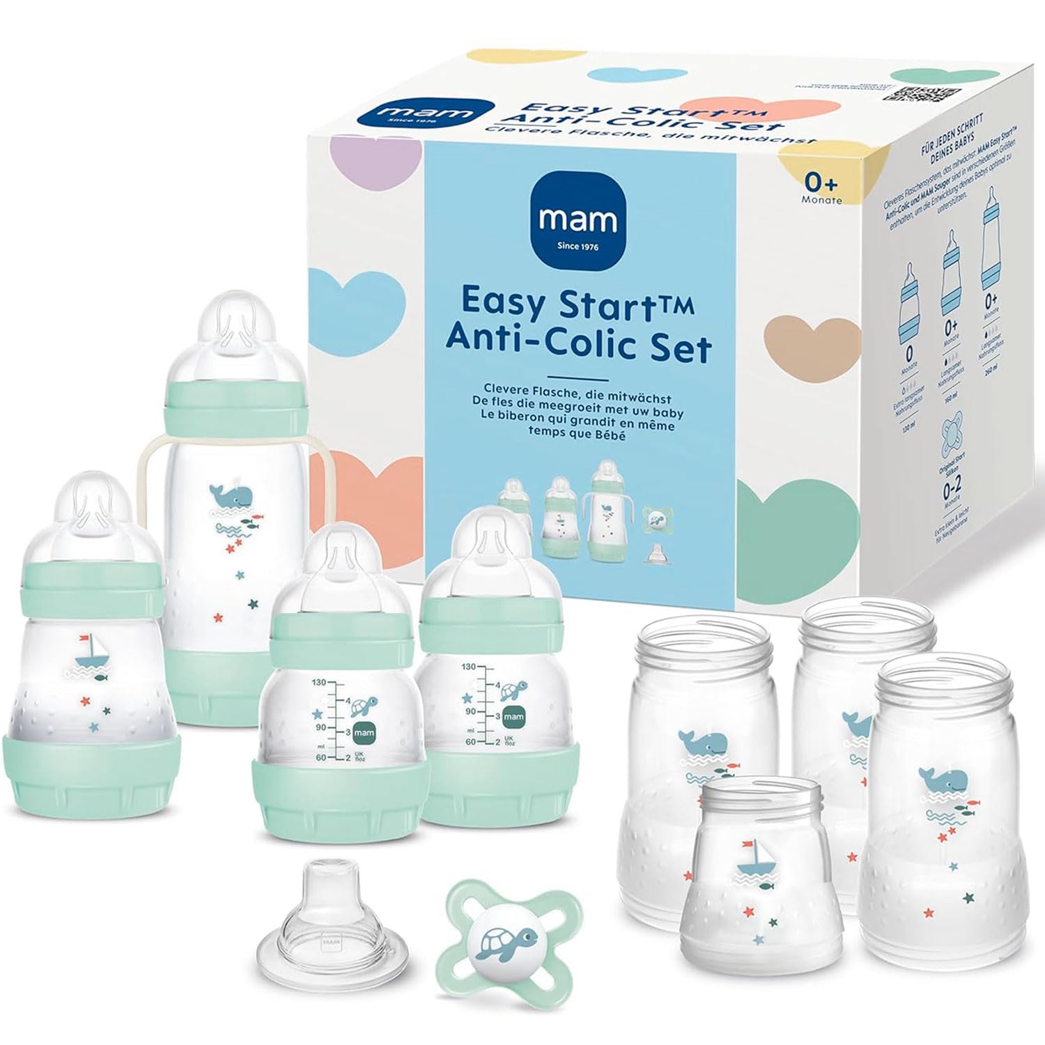MAM EasyStart - Juego de biberones anticólicos (válvula inferior contra cólicos, creciente, autoesterilizable), color azul y crema