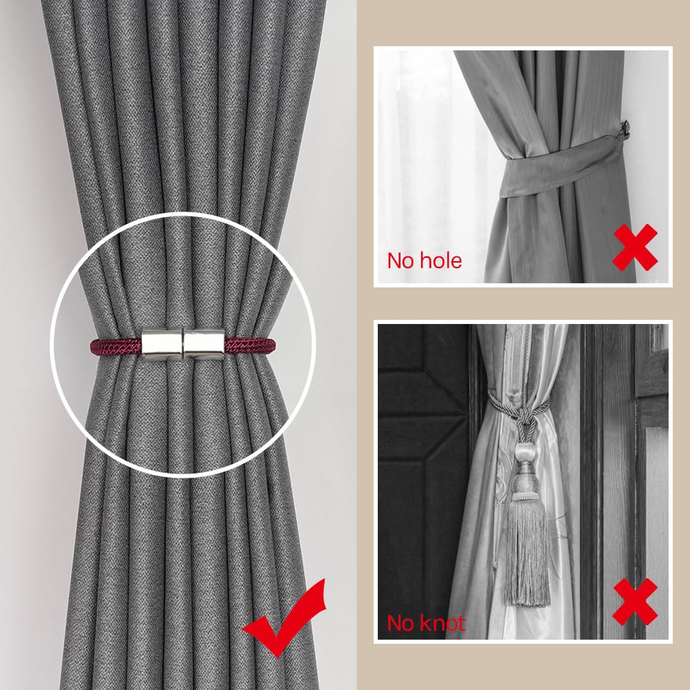 Pretty Jolly 2 Pack Mini Magnetic Curtain Tiebacks Modern Simple Style Drape Tie Backs Elegant Hand Weave Rope Knot Decorative Curtain Holdbacks for Home & Office Window Drapery (Wine Red) - Image 3