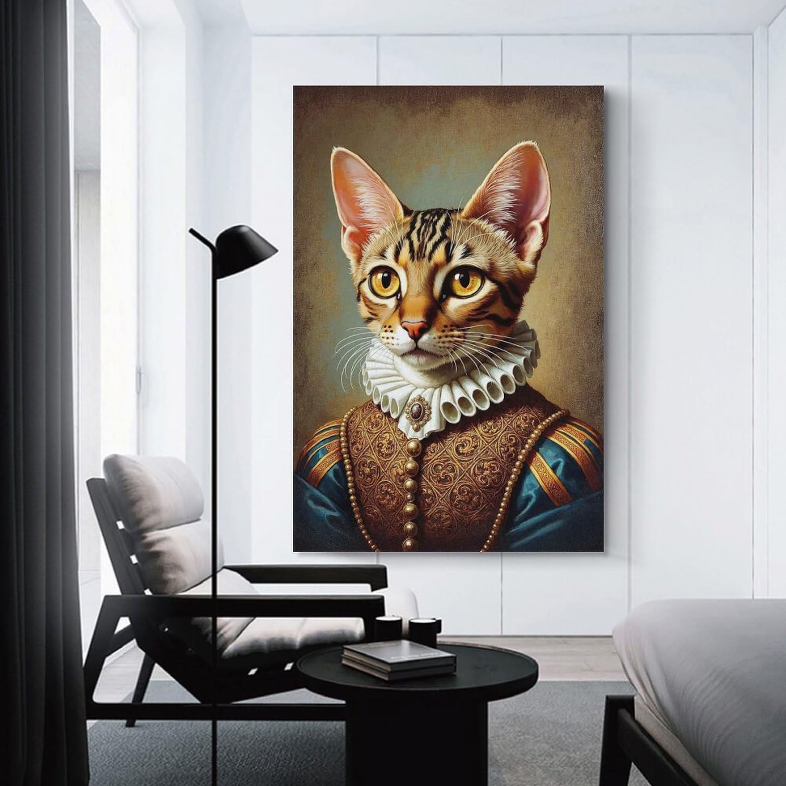 Junmoney Renaissance Cat Portrait Wall Art Print, 24x36inch(60x90cm), for Entryway, Lounge Links Or Small Walls, Decorative Wall Art for Narrow Spaces