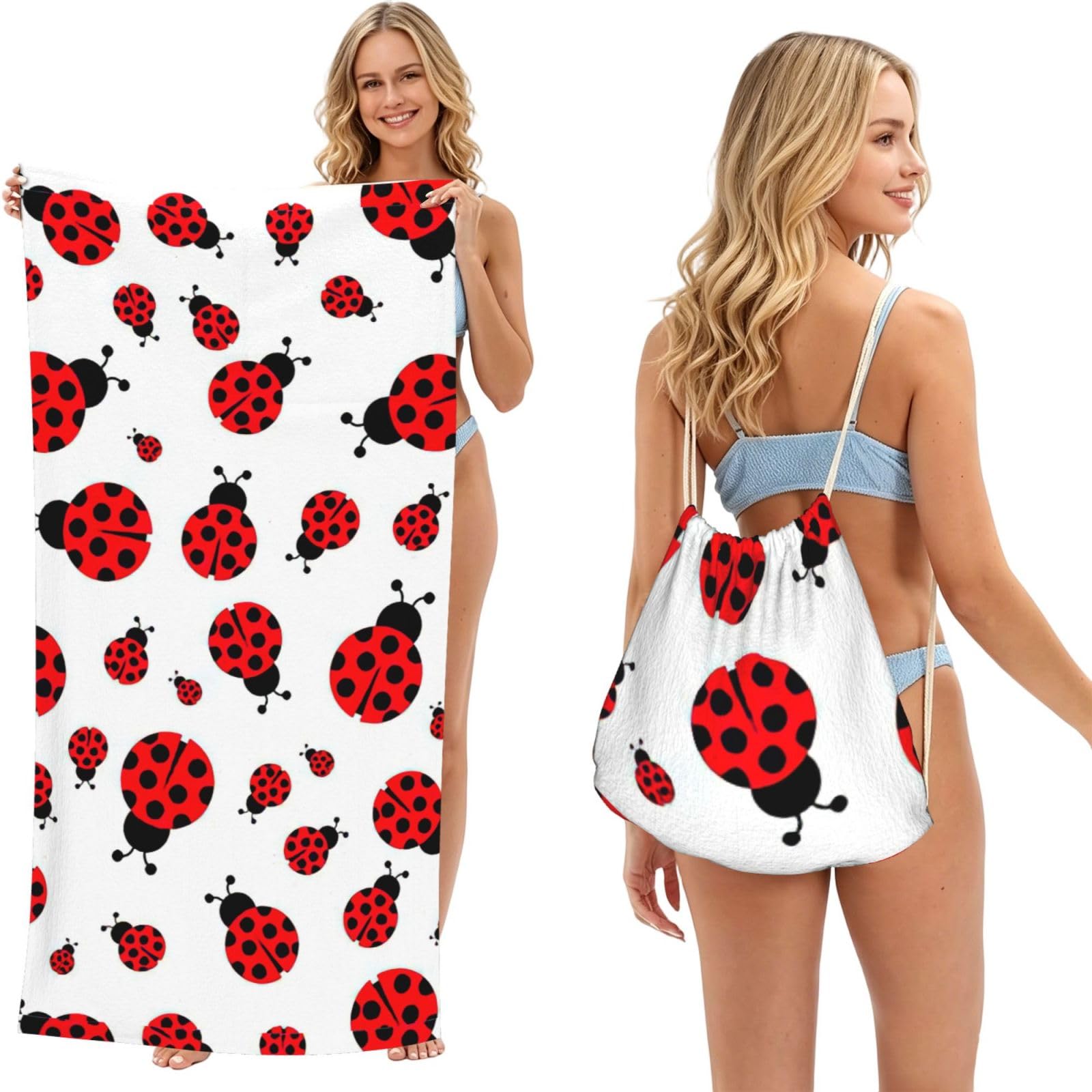 aacxzff Ladybug Print 2 in 1 Packable Towel Bag, Drawstring Beach Towel Backpack,80x160cm for Beach trips