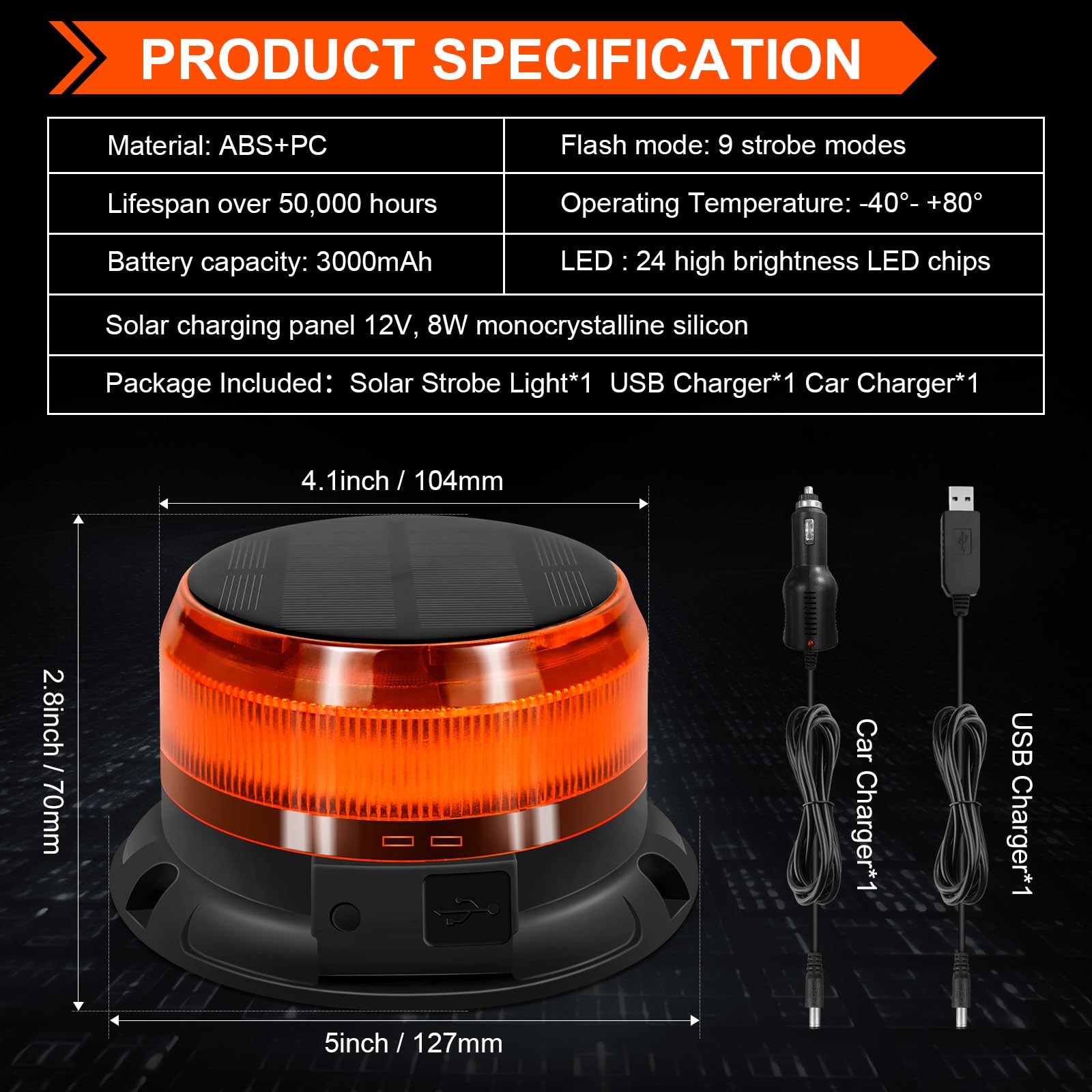 antom Rotativo energía solar Luz LED estroboscópica inalámbrico, 12V-24V orange Luz de emergencia de magnético con 3 meters cable para vehículos, tractores, carros de golf, UTV（Cable USB de carga）