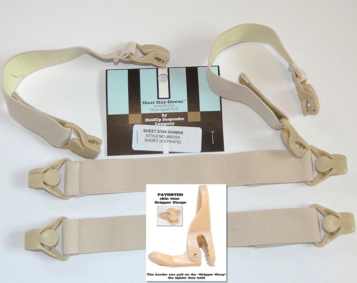 Holdup Suspender Company Bed Sheet Stay-Downs with USA Patented Composite Plastic Gripper Clasps (Short Quad)
