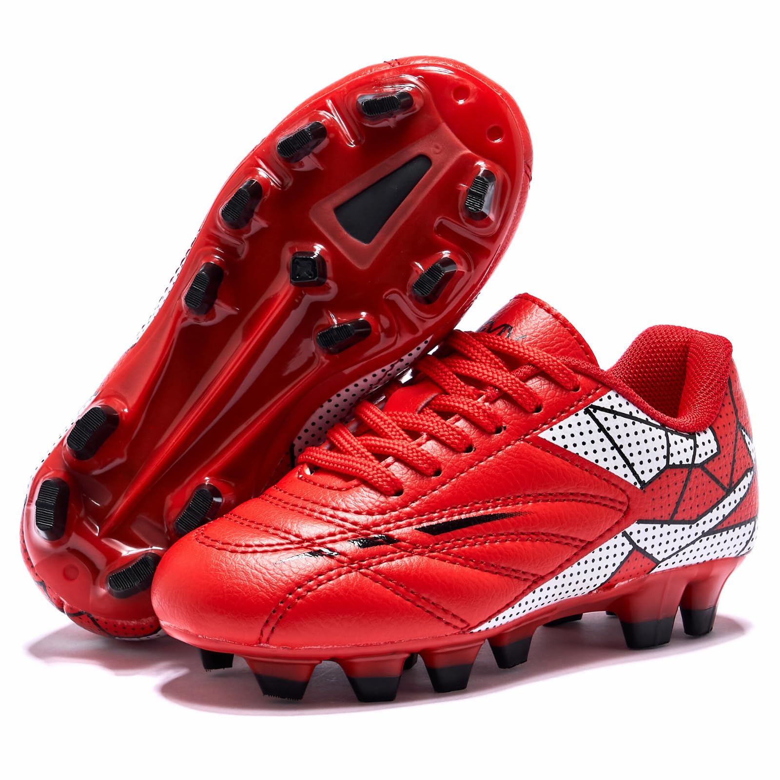 Soccer Cleats for Toddler and Little Kids, FG Lace Up Soccer Shoes, Firm Ground Outsoles for Artificial Turf, 3 Colors Red