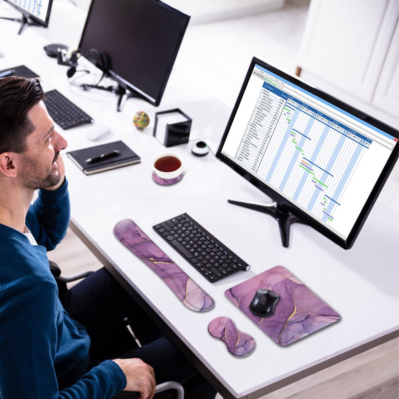 AIMSA Tastatur-Handgelenkauflage + Mauspad + Maus-Handgelenkauflage + Untersetzer, ergonomischer Memory-Schaum, rutschfeste Gummiunterseite, 4-teiliges Set, einfaches Tippen, Schmerzlinderung, lila