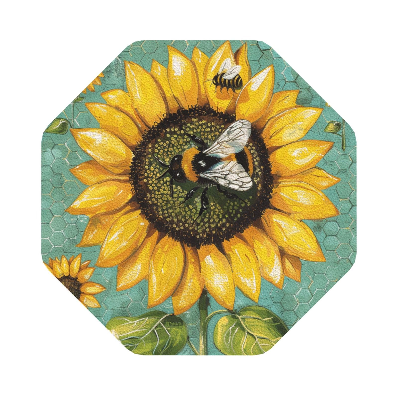 bee & Sunflowers Print Leather Coaster Set of 6, Octagon Coasters Table Decorative Coffee Cup Beverage Coasters Wine Beer Bar Coasters for Hot Drinks Table Protection